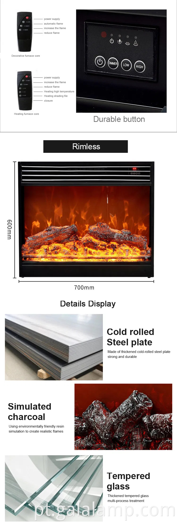 Lareira elétrica moderna e moderna com simulação de chama realista